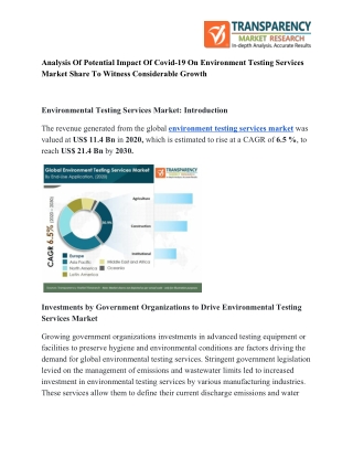 Environment Testing Services Market – Insights on Challenges and Opportunities by 2030