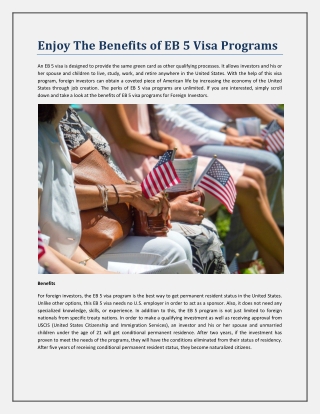 Enjoy The Benefits of EB 5 Visa Programs