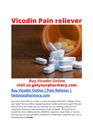 Buy Vicodin Online | Pain Reliever | Getyourpharmacy.com