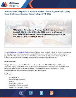 Waterborne Coatings Market SWOT Analysis, Revenue Driving Factors, & Forecast Research Report, 2022