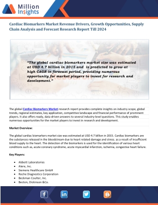 Cardiac Biomarkers Market Emerging Growth Driving Factors, Future Demands, and Key Players, 2024