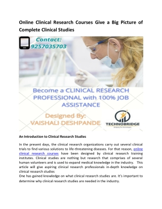 Online Clinical Research Courses Give a Big Picture of Complete Clinical Studies