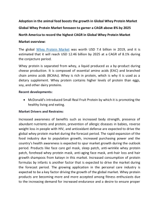 Adoption in the animal feed boosts the growth in Global Whey Protein Market