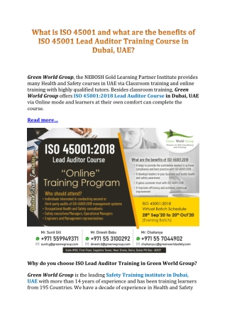 What is ISO 45001 and what are the benefits of ISO 45001 Lead Auditor Training Course in Dubai, UAE?