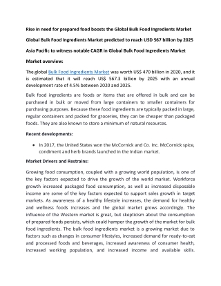 Rise in need for prepared food boosts the Global Bulk Food Ingredients Market