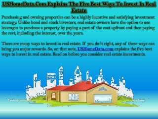 USHomeData.Com Explains The Five Best Ways To Invest In Real Estate