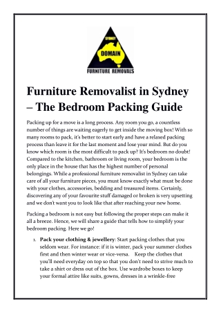 Furniture Removalist in Sydney – The Bedroom Packing Guide