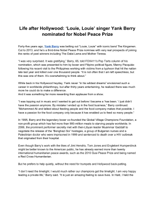 Life after Hollywood: ‘Louie, Louie’ singer Yank Berry nominated for Nobel Peace Prize