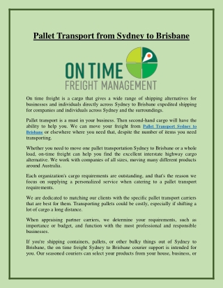 Pallet Transport Sydney to Brisbane