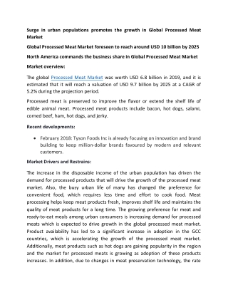 Global Processed Meat Market foreseen to reach around USD 10 billion by 2025