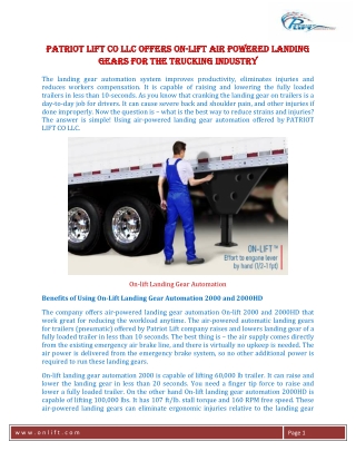 PATRIOT LIFT CO LLC Offers On-Lift Air Powered Landing Gears for the Trucking Industry