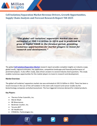 Cell Isolation/Separation Market Emerging Factors, Future Demands and Top Players Analysis, 2025