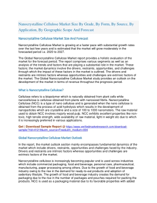 Nanocrystalline Cellulose Market Size By Grade, By Form, By Source, By Application, By Geographic Scope And Forecast