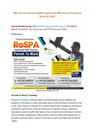 Why do you choose RoSPA Approved HSE Course Permit to Work in UAE?