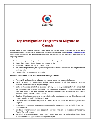 Top Immigration Programs to Migrate to Canada