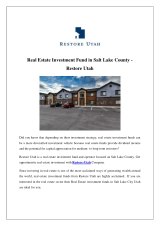 Real Estate Investment Fund in Salt Lake County - Restore Utah