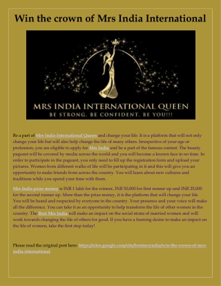 Win the crown of Mrs India International
