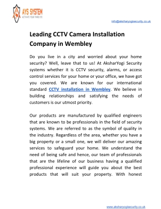 Leading CCTV Camera Installation Company in Wembley