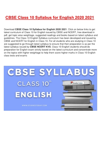 CBSE Syllabus for Class 10 English Revised for 2020-21| Download in PDF