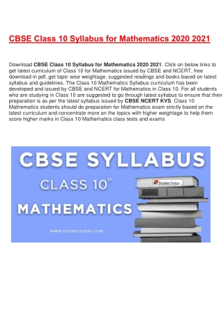 CBSE Syllabus for Class 10 Mathematics Revised for 2020-21| Download in PDF