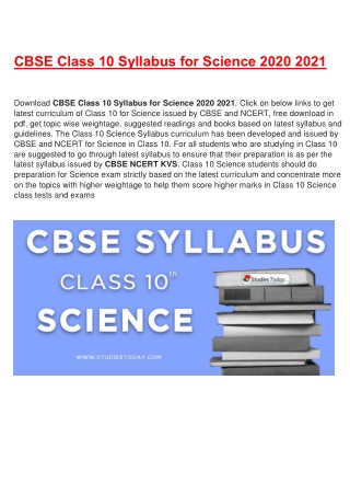 CBSE Syllabus for Class 10 Science Revised for 2020-21| Download in PDF