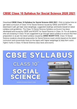 CBSE Syllabus for Class 10 Social Science Revised for 2020-21| Download in PDF