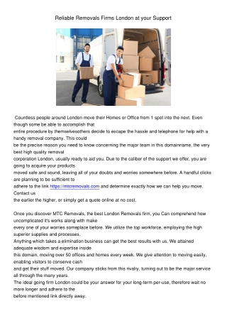 Reliable Removals Firms London at your Suppor