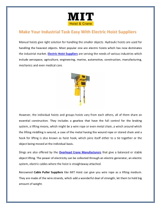 Make Your Industrial Task Easy With Electric Hoist Suppliers