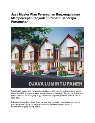 Jasa Master Plan Perumahan Berpengalaman Mempercepat Penjualan Properti Beberapa Perumahan