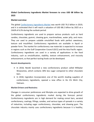 Confectionery Ingredients Market Growth and Forecast to 2025