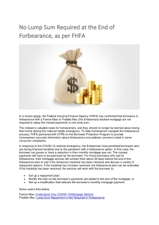 No Lump Sum Required at the End of Forbearance, as per FHFA