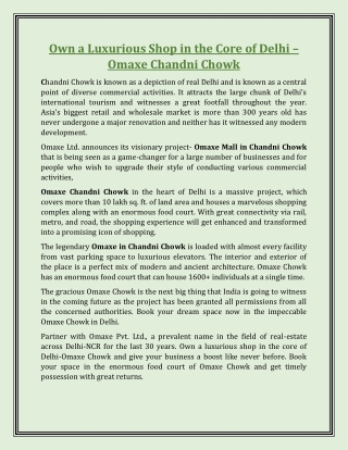 Own a Luxurious Shop in the Core of Delhi – Omaxe Chandni Chowk