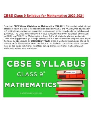 CBSE Syllabus for Class 9 Mathematics Revised for 2020-21| Download in PDF