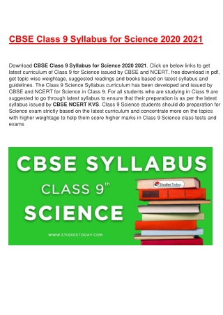 CBSE Syllabus for Class 9 Science Revised for 2020-21| Download in PDF