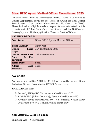 Bihar BTSC Ayush Medical Officer Recruitment 2020