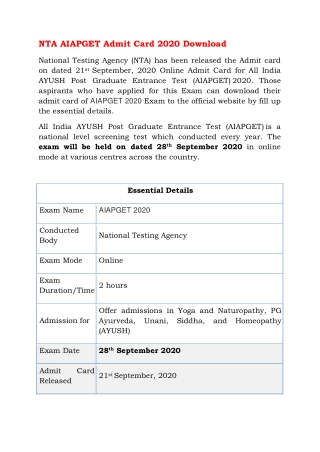 NTA AIAPGET Admit Card 2020 Download