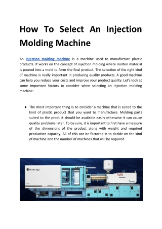 How To Select An Injection Molding Machine