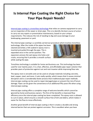 Is Internal Pipe Coating the Right Choice for Your Pipe Repair Needs?