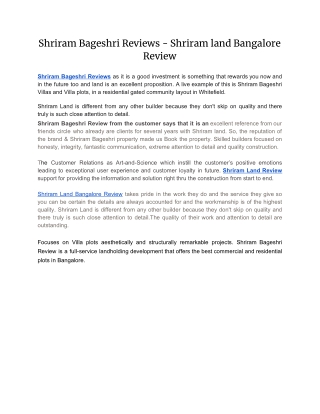 Shriram Bageshri Reviews - Shriram land Bangalore Review