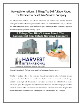 Harvest International: 5 Things You Didn't Know About the Commercial Real Estate Services Company