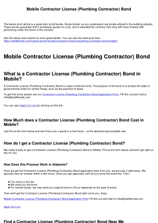 Mobile Contractor License (Plumbing Contractor) Bond