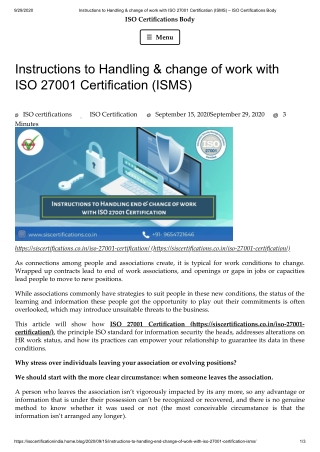Instructions to Handling & change of work with ISO 27001 Certification (ISMS).