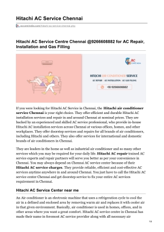 Hitachi AC Service Centre in Chennai- 9266608882