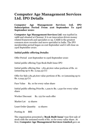 Computer Age Management Services Ltd. IPO Details