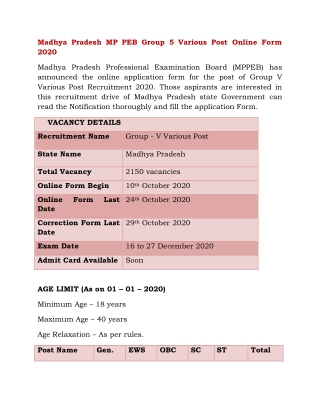 Madhya Pradesh MP PEB Group 5 Various Post Online Form 2020