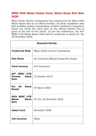 BPSC 65th Mains Online Form, Mains Exam New Date 2020