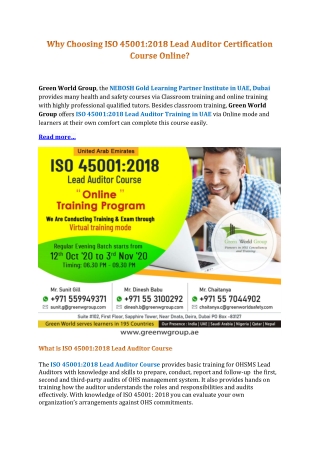 Why Choosing ISO 45001:2018 Lead Auditor Certification Course Online?