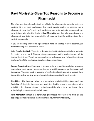 Ravi Morisetty Gives Top Reasons to Become a Pharmacist