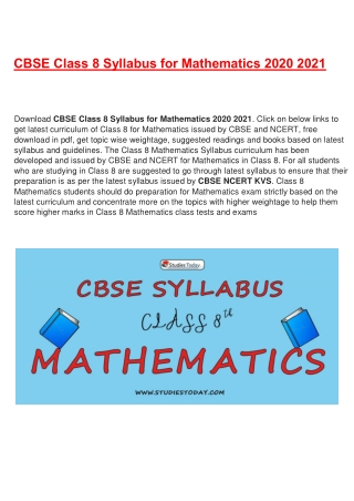 CBSE Syllabus for Class 8 Mathematics Revised for 2020-21| Download in PDF