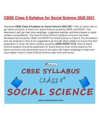 CBSE Syllabus for Class 8 Social Science Revised for 2020-21| Download in PDF